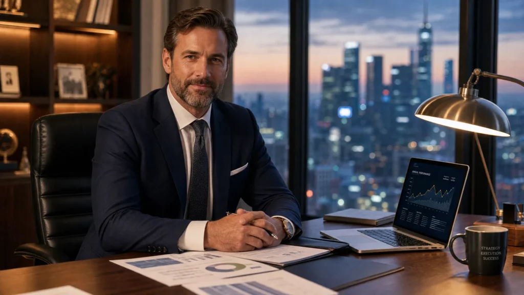 John Myklusch, CPA and Certified Exit Planning Advisor, working at his desk in a high-rise office overlooking the city skyline at dusk